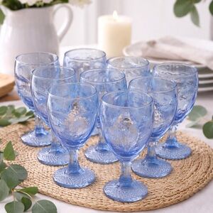 Set of 9 Blue Textured Glass Goblets | Vintage Style Stemmed Wine Water Glasses
